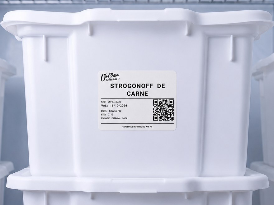 Caixa de strogonoff de carne na câmara fria com a etiqueta Kolex impressa: nome do produto em letra grande, data de fabricação, validade, lote, número da etiqueta, QR code e a instrução de conservar refrigerado até 4 graus.